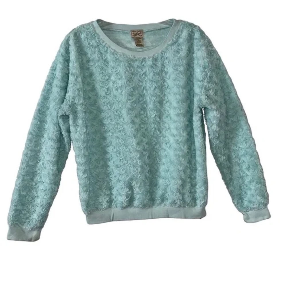 Eyelash Couture | Aqua Blue Green Faux Fur Rosette Long Sleeve Sweatshirt, Large